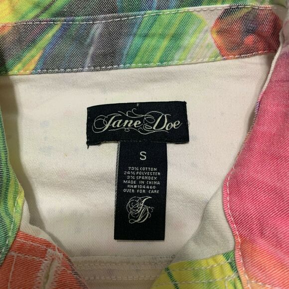 Jane Doe Cropped Denim Jean Jacket Small Womens Multicolor Abstract Button Front - Picture 5 of 9